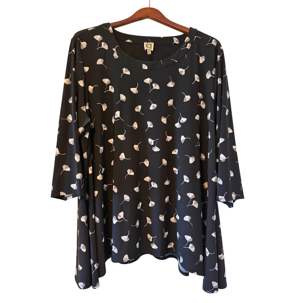 Anne Klein Gingko Leaves Flowy Top Blouse In Black, Women's Size 3x